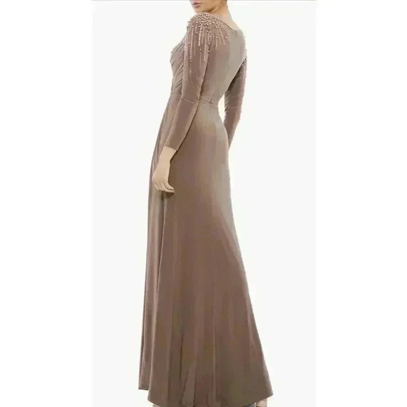MAC DUGGAL GOWN 18 MAXI DRESS 55715 MOCHA FAUX WRAP JERSEY EMBELLISHED CRYSTALS - Picture 3 of 13